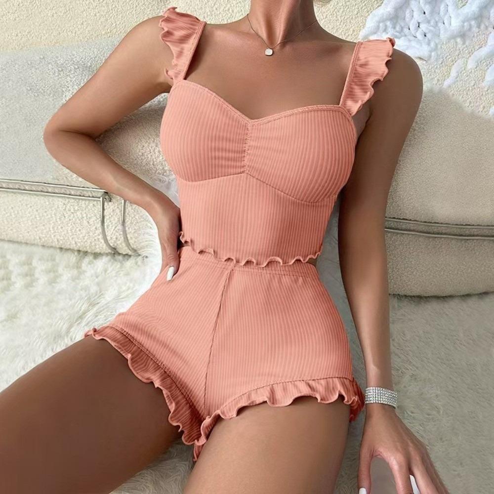 Ruffle Trim Camisole Shorts Set Ribbed Loungewear Set Homewear Two-Piece Pajama Set Summer Season
