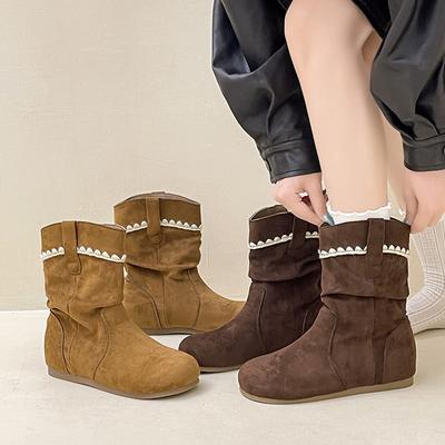 Французский дизайн, замшевые ботильоны с оборкой, круглый носок, плиссированные, женская осенне-зимняя мода, ретро, зарубежный стиль, плоская подошва, ботинки Мартин