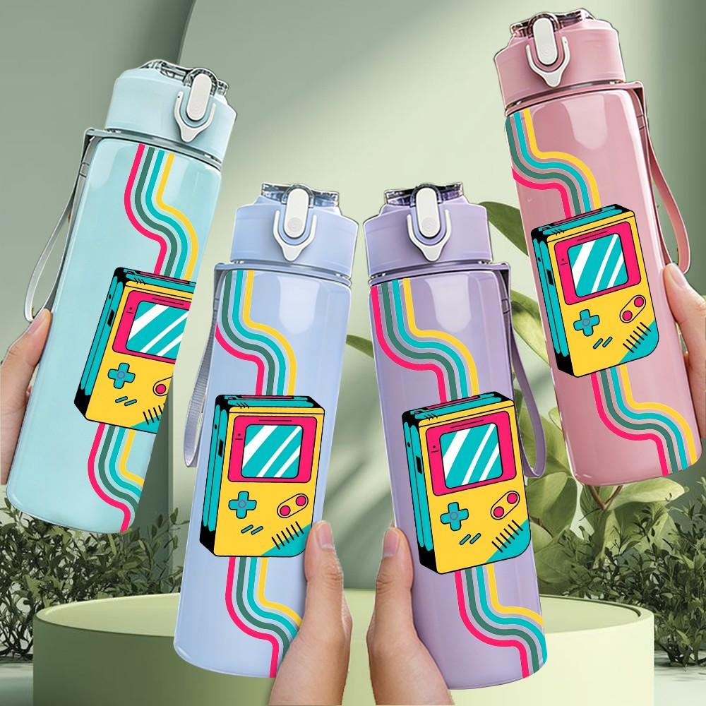 1PC Retro Cassette Tape Neon Colorful Art 750ml Color Plastic Sports Water Bottle Leakproof Flip Straw Lid Suitable for Sports Office Home Use