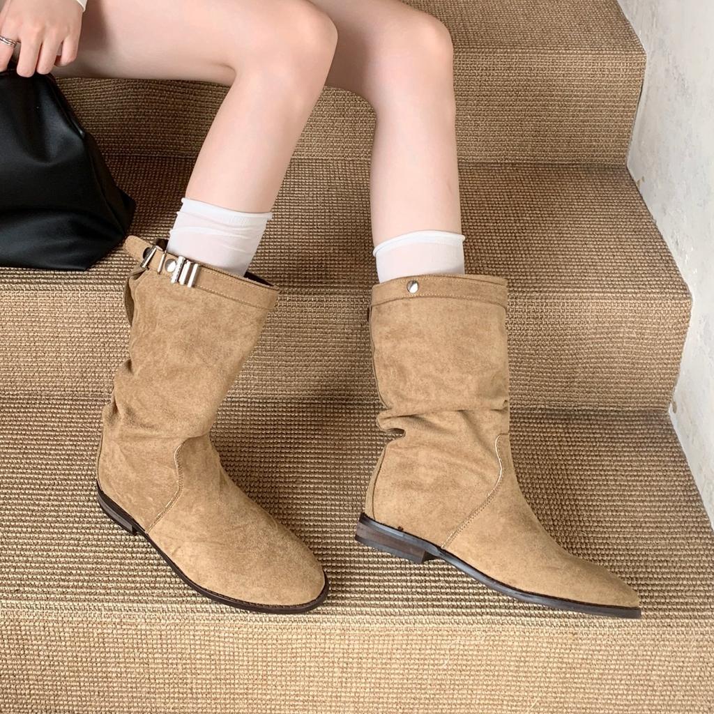 Vintage Suede Belt Buckle Folded Medium Boots Women's Silver Belt Buckle Casual Loose Western Cowboy Boots