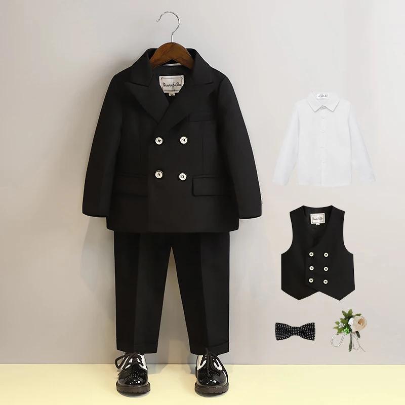 Костюм для мальчиков, модный двубортный черный цветочный детский свадебный наряд для выступлений 4 6 8 10 лет, школьная форма для детей, комплект пиджаков