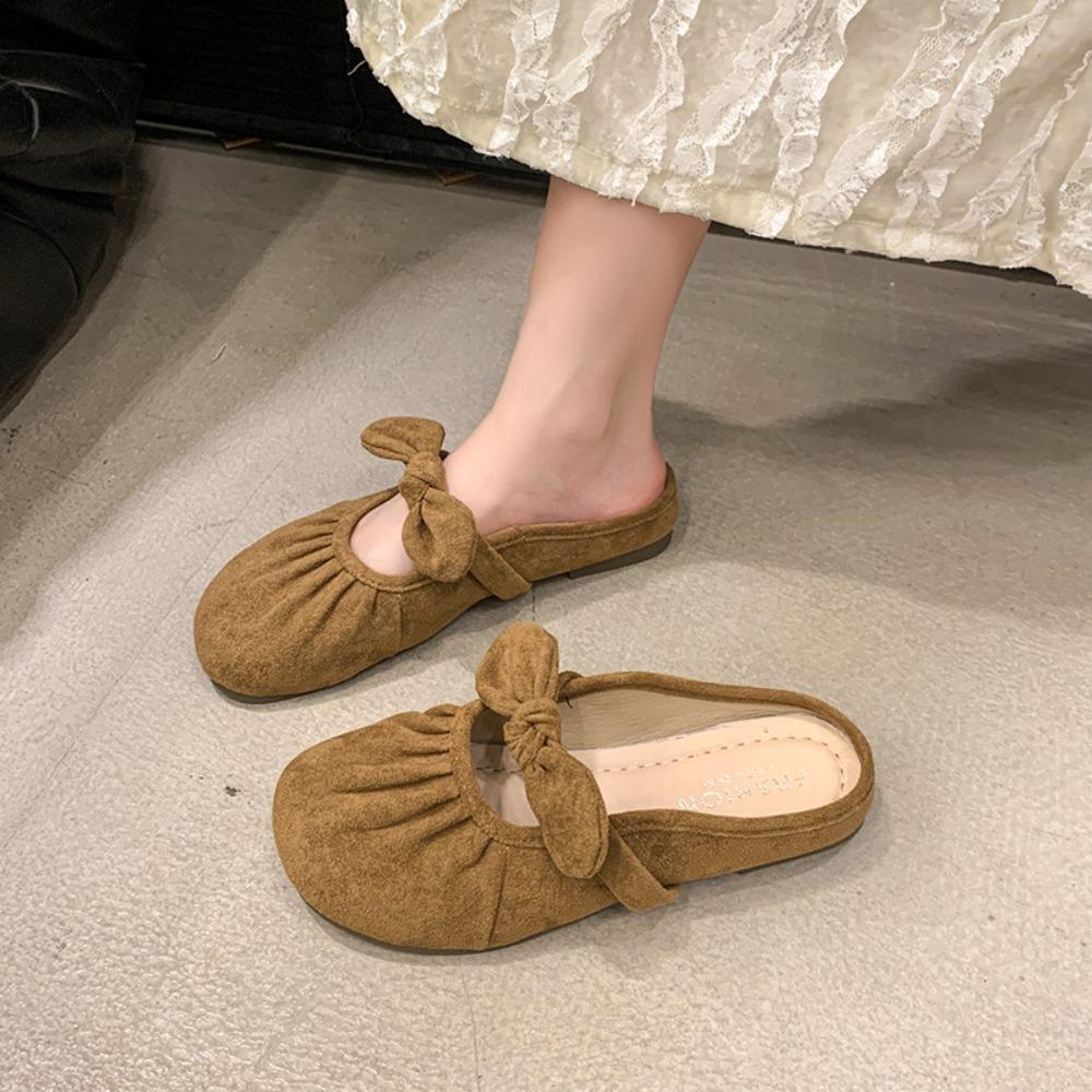JMXD-bow Bag Head Half Slippers Женская верхняя одежда, весенне-летние замшевые тапочки в стиле феи на плоской подошве в стиле ретро