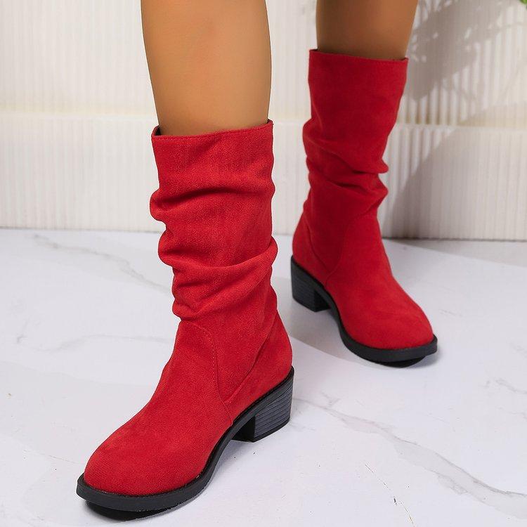 Womens Faux Suede Slouchy Mid Calf Boots Riding Boots Wide Calf Pull On Chunky Block Heel Boots for Women Round Toe Fall Winter Low Heel Booties Shoes