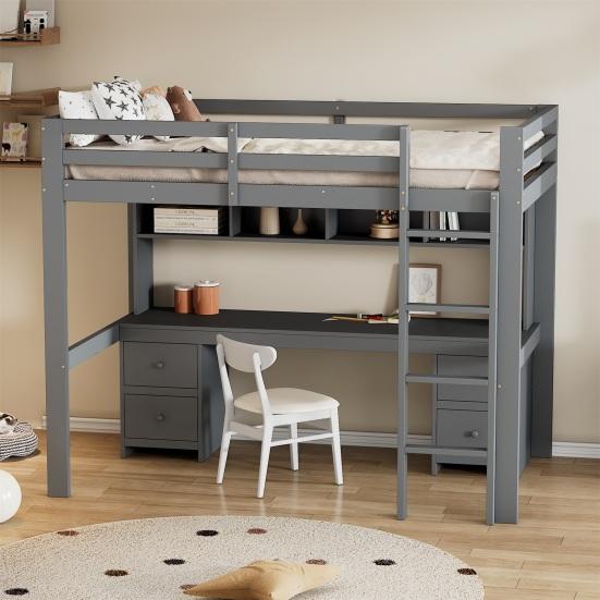 90x200cm Loft Bed, Children Bed, Bed Above, Table Below, Large Storage Space, High Railing, Stable Stairs,
