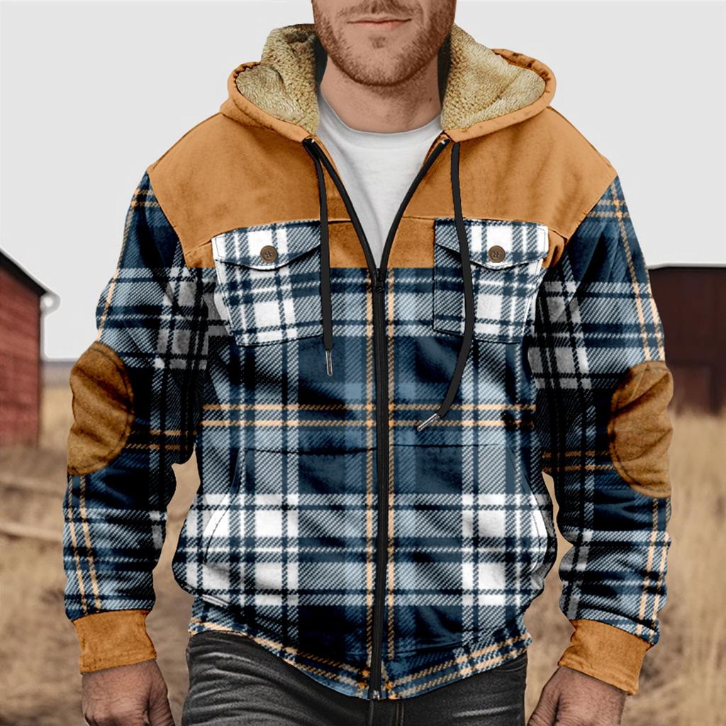 Men's Plaid Print Double Pocket Jacket Men's Spring And Autumn Casual Trend Zipper Hooded Jacket