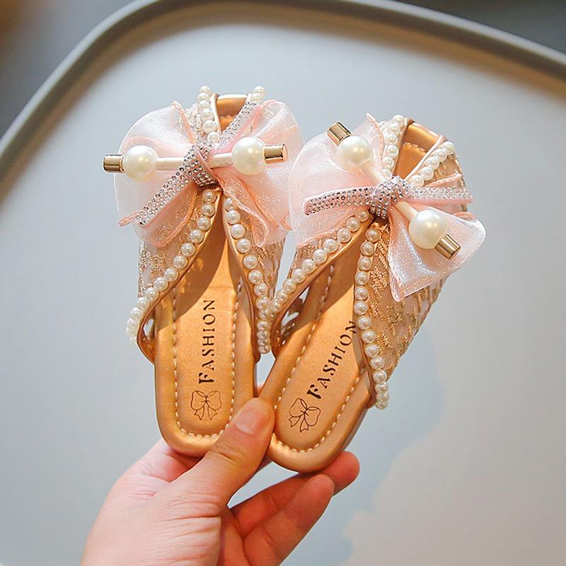Детские удобные повседневные домашние тапочки в стиле принцессы для девочек, милые домашние уличные тапочки с жемчужной сеткой и бантом, нескользящие домашние тапочки с мягкой подошвой, сандалии