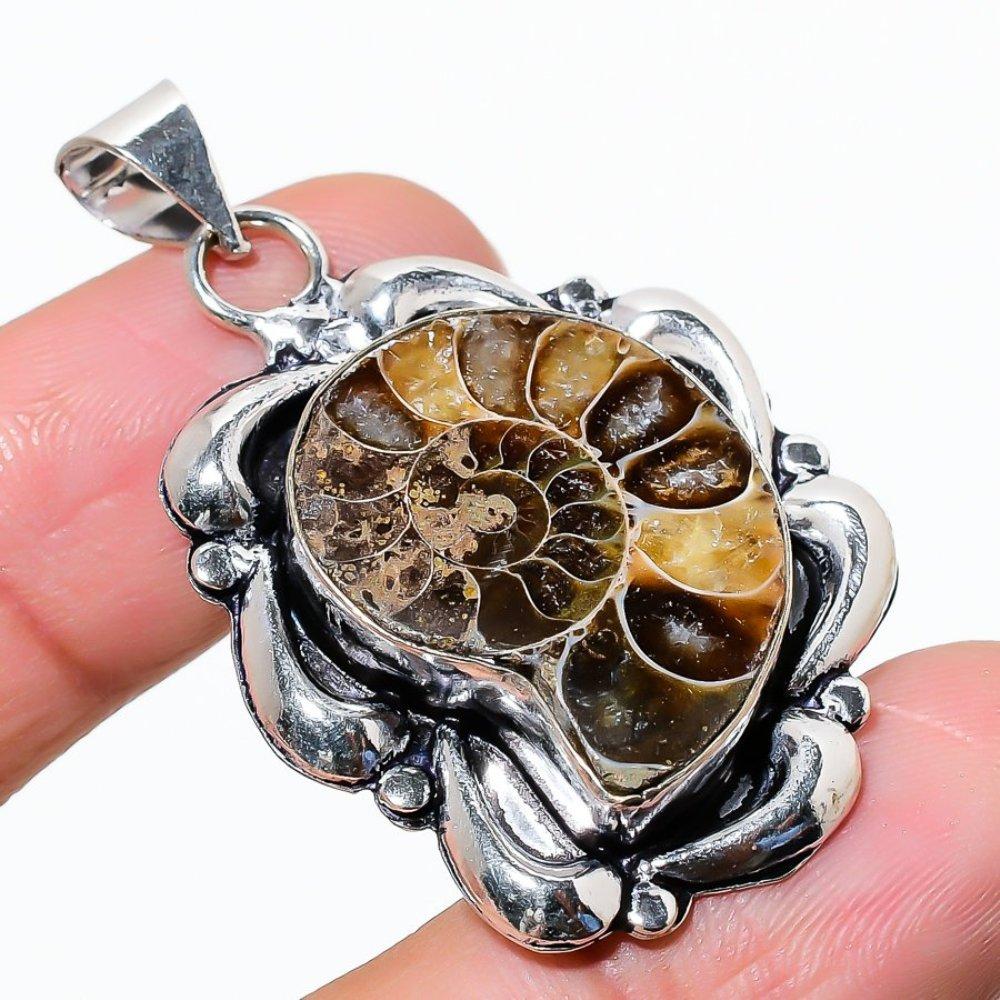 Аммонит ископаемый драгоценный камень кулон ручной работы из стерлингового серебра 925 пробы 1,89" V0O88
