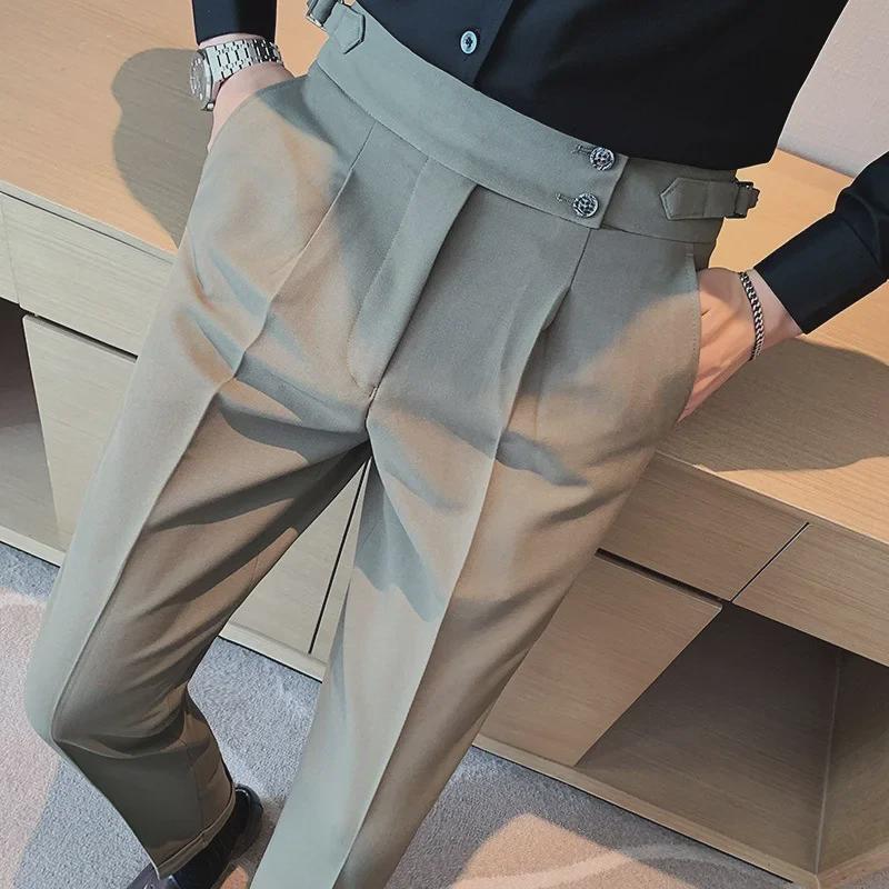 Men’s Autumn Trend British Style Slim Fit Nine-Point Suit Trousers – Solid Color Casual Pants