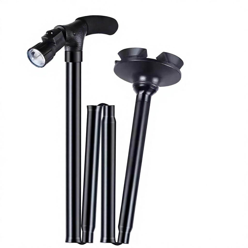 Folding Trekking Cane Hiking Poles LED Light Walking Stick T-handle Telescopic Aluminum EVA 4-Joint Rubber Tip Elderly People
