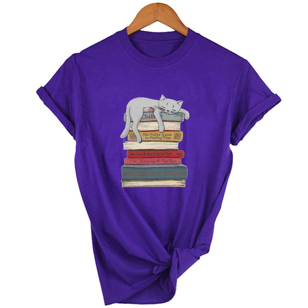 Женские футболки с принтом "Спящий кот и книга" Harajuku Летние с коротким рукавом Streetwear Tumblr Женские