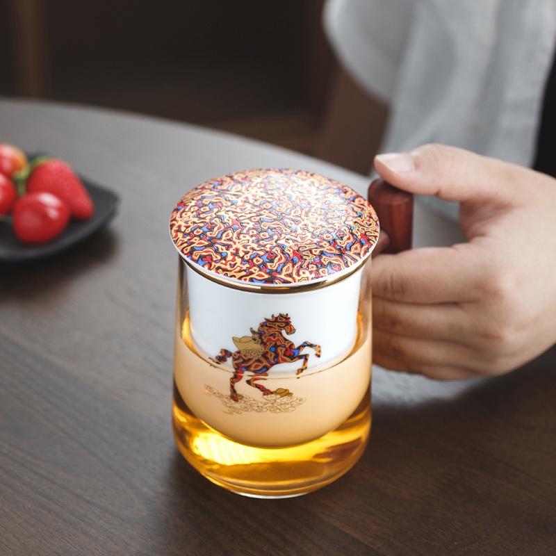 Стеклянная кружка 400 мл с керамическим фильтром-вкладышем для разделения чая и воды, чашка для заваривания чая