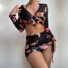 Swimsuit Women's Split Three Four Piece Set Printed Drawstring Lace Up Long Sleeve Floral Bikini Suits