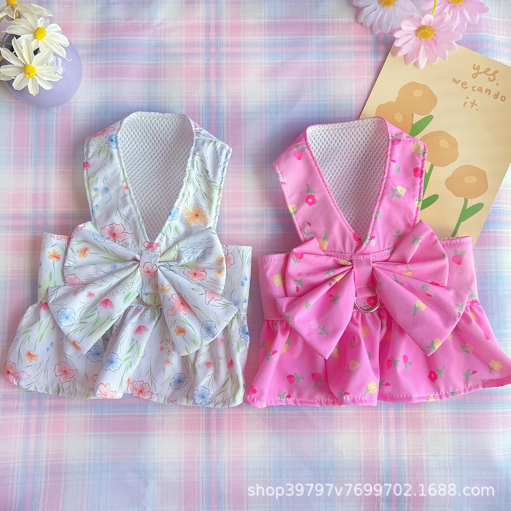 Ins Wind Fresh Floral Chest Back Skirt Pet Dog Dog Cat Clothes Spring Summer Autumn Models Go Out Traction Breathable Than Bear
