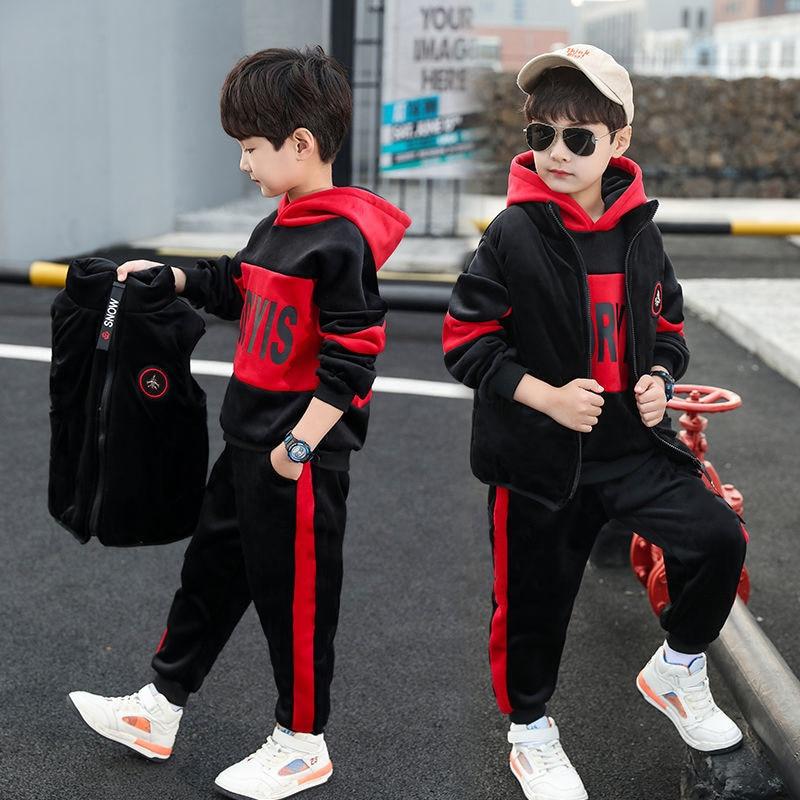 3 Pieces/set Boys Clothing Sets Kids Clothes For Teens Children Outfits Vest Hoodies Tops Pants Autumn Winter Suit Warm
