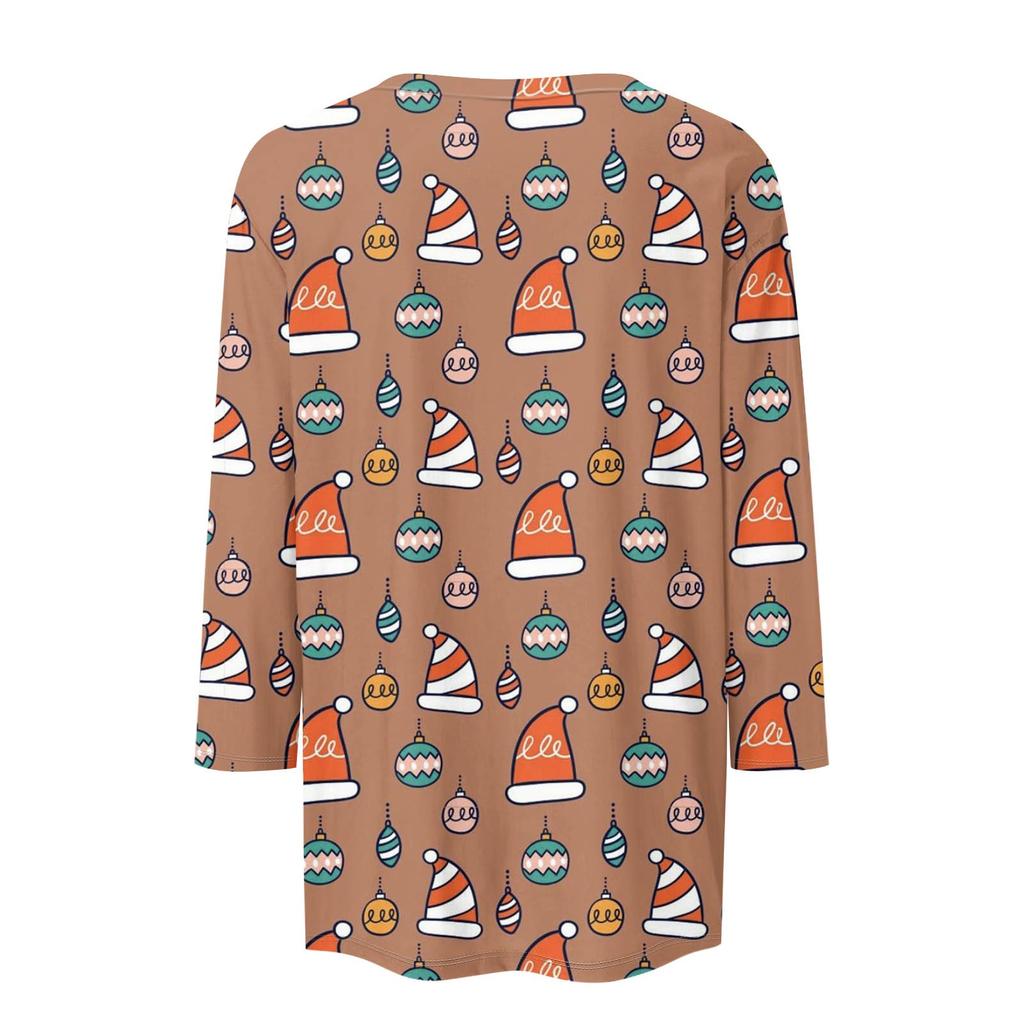 Женская мода повседневная рубашка с круглым вырезом и рождественским принтом, семь рукавов