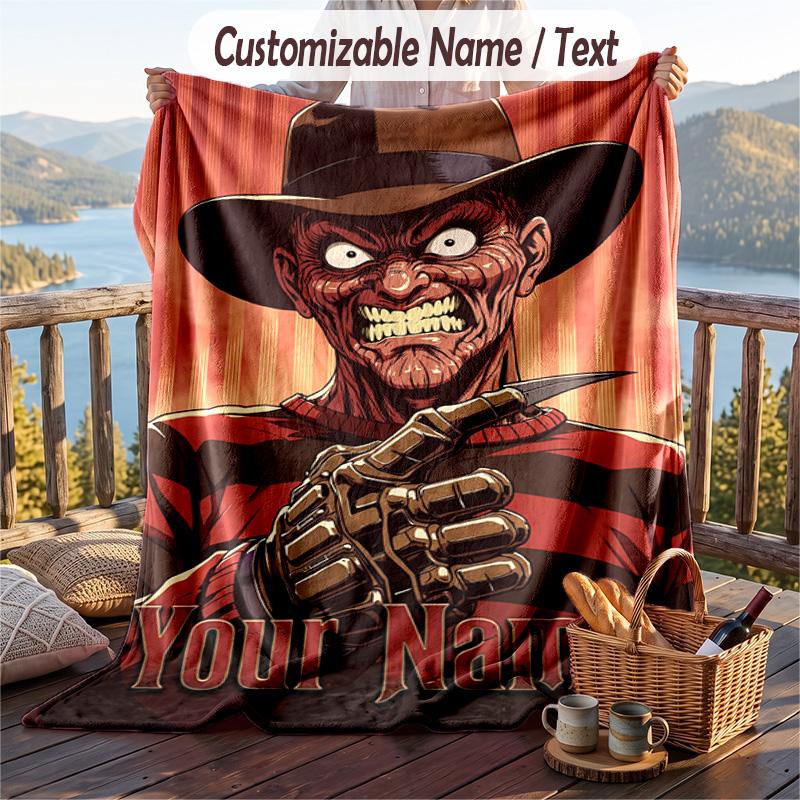 Custom Text Flannel Throw Blanket, Lightweight Cozy Bed Sofa BlanketA Nightmare on Elm Street Freddy Krueger