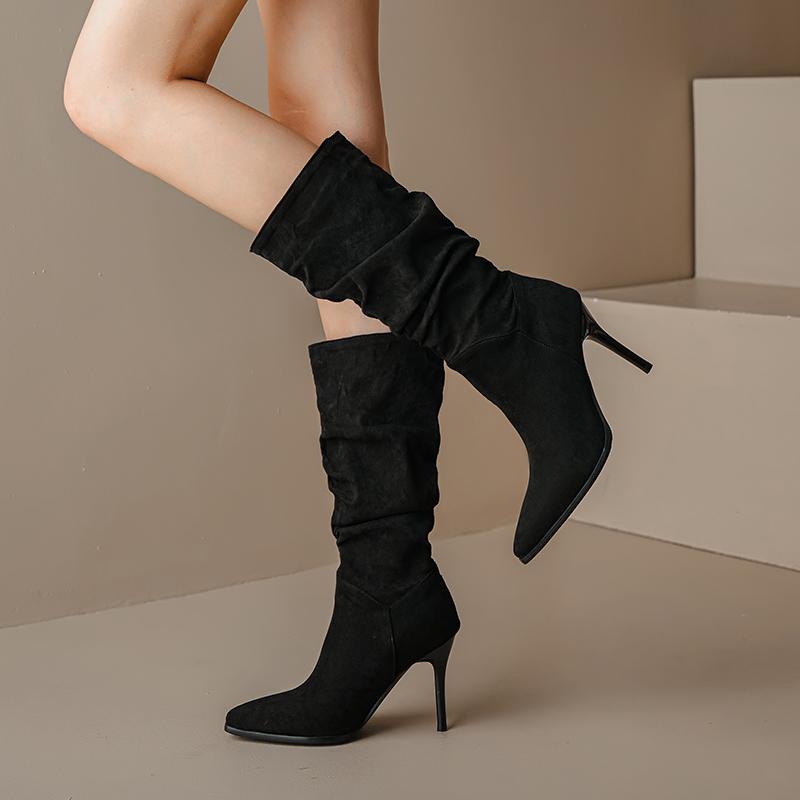 Женские сапоги на высоком каблуке, осень и зима, новые, карамельного цвета, остроносые, на шпильке, большие, средние сапоги