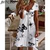 Женская мода лето весна цветочный принт короткий рукав V-образный вырез повседневные платья