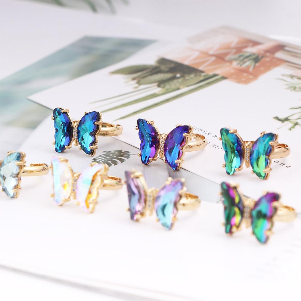 Personality Girls Women Gradient Color Butterfly Open Ring Crystal Finger Rings Fashion Jewelry