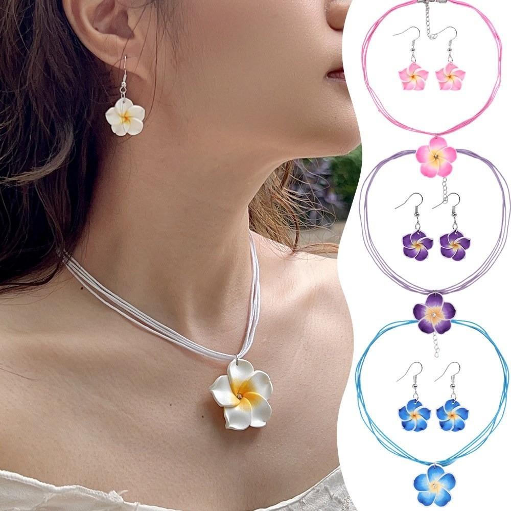 Soft Clay Flower Necklace Earrings Set Flower Jewelry Beach Vacation Accessory