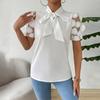 Женская рубашка с завязанным бантом на вырезе горловины, сетчатая жаккардовая рубашка с короткими рукавами, повседневная рубашка, однотонная блузка, повседневная одежда