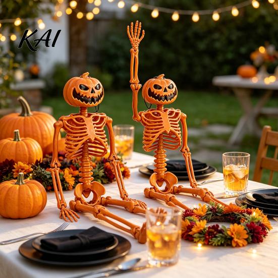 Hard Plastic Skeleton 40cm Pumpkin Head for Halloween Decoration, Movable Joint Flexible Jointed Figure Skull Figurine with Hanging Lanyard,