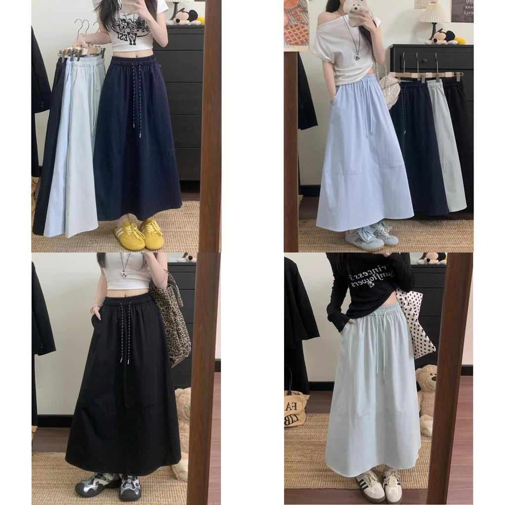 Hanbok Cotton Blend A Line Skirt With Elastic Waist For Casual Spring Wear