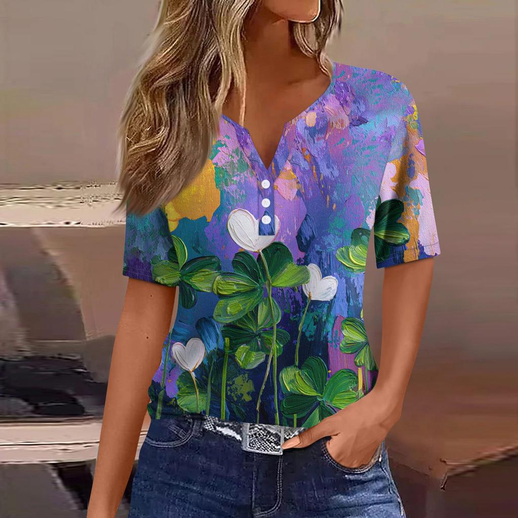 Women's T Shirt Tee Print Button Short Sleeve Daily Weekend Fashion Basic V- Neck Regular Top St. Patrick's Day