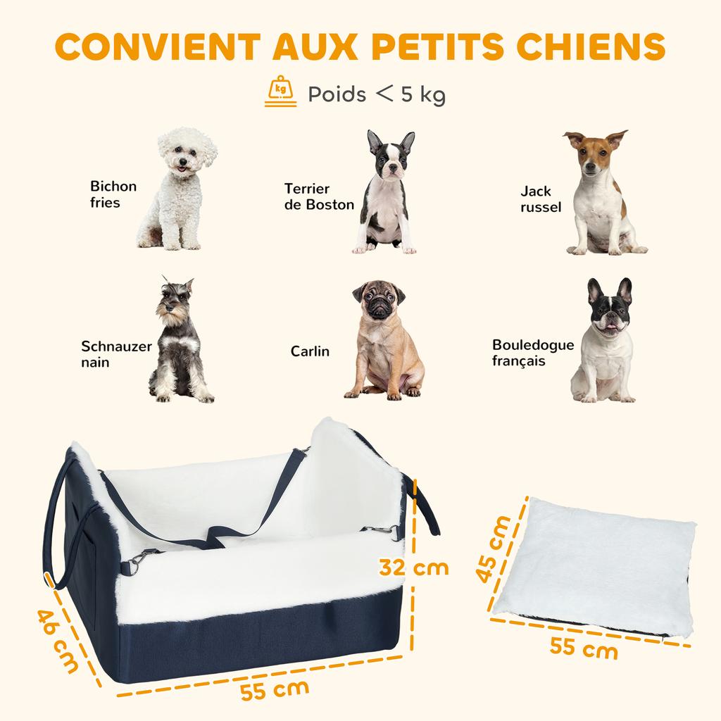 Dog Car Seat, Safety Belt and Attachment, 55 x 46 x 32 cm, Navy Blue