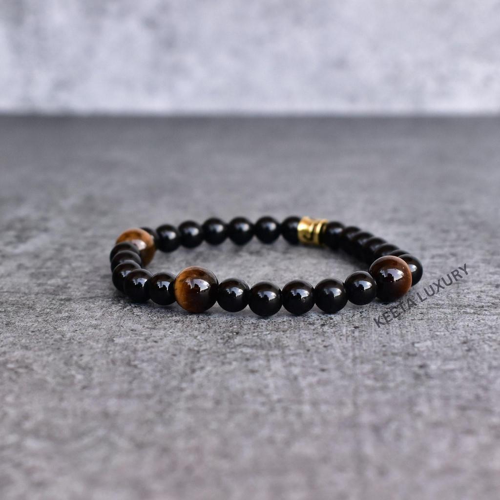 Natural Black onyx and tiger eye bead bracelet Black crystal beaded jewelry for man Stretchable handmade bracelets for boys Gift for him