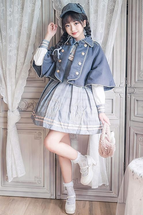 JIURUN Лолита С длинным рукавом Лолита Плюс Мори Милый JK Uniform Косплей Школа Аниме Сладкий Свободный Идеально подходит для Цветения вишни Мечтательный Милый Серый Галстук Кейп Шляпа