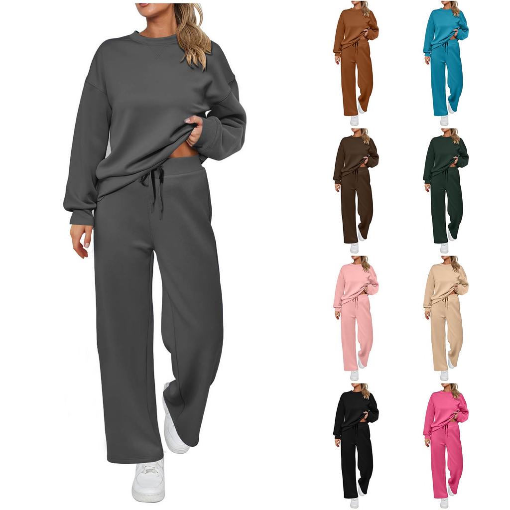 Спортивные комплекты для женщин, 2 предмета, однотонный пуловер, топы, завязывающиеся на шнурок, прямые спортивные штаны, женский комплект из двух предметов, осень