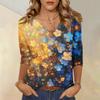 Женские топы, рубашка с рукавом три четверти, свободная повседневная рубашка с V-образным вырезом, футболка с цветочным принтом