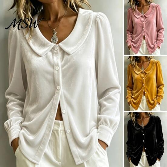 Slim Fit Top Fall Winter Women Velvet Shirt, Regular Button Down Long Sleeve Solid Color Blouse Top, Soft Lapel Collar for Lady