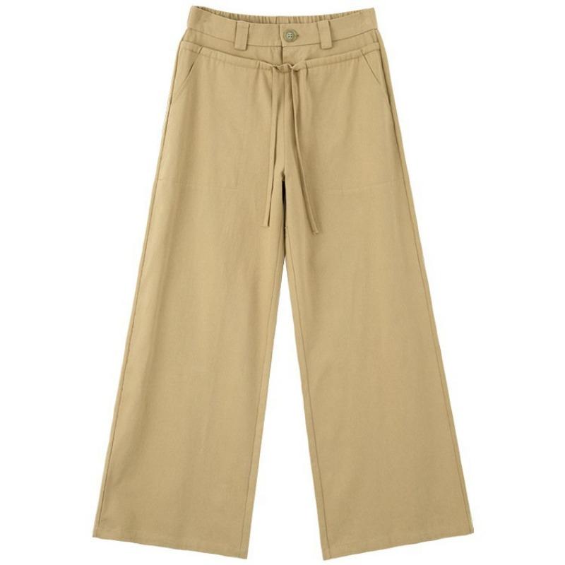 Army Green Cotton Casual Straight-leg Pants Women's New Design High Waist Straps Loose Sports Wide-leg Pants