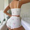 2 Pcs/Set Women Vest Shorts Suit Bow Cherry Print U Neck Sleeveless Top High Waist Short Trousers Homewear Loungewear Outfit Summer Sleepwear