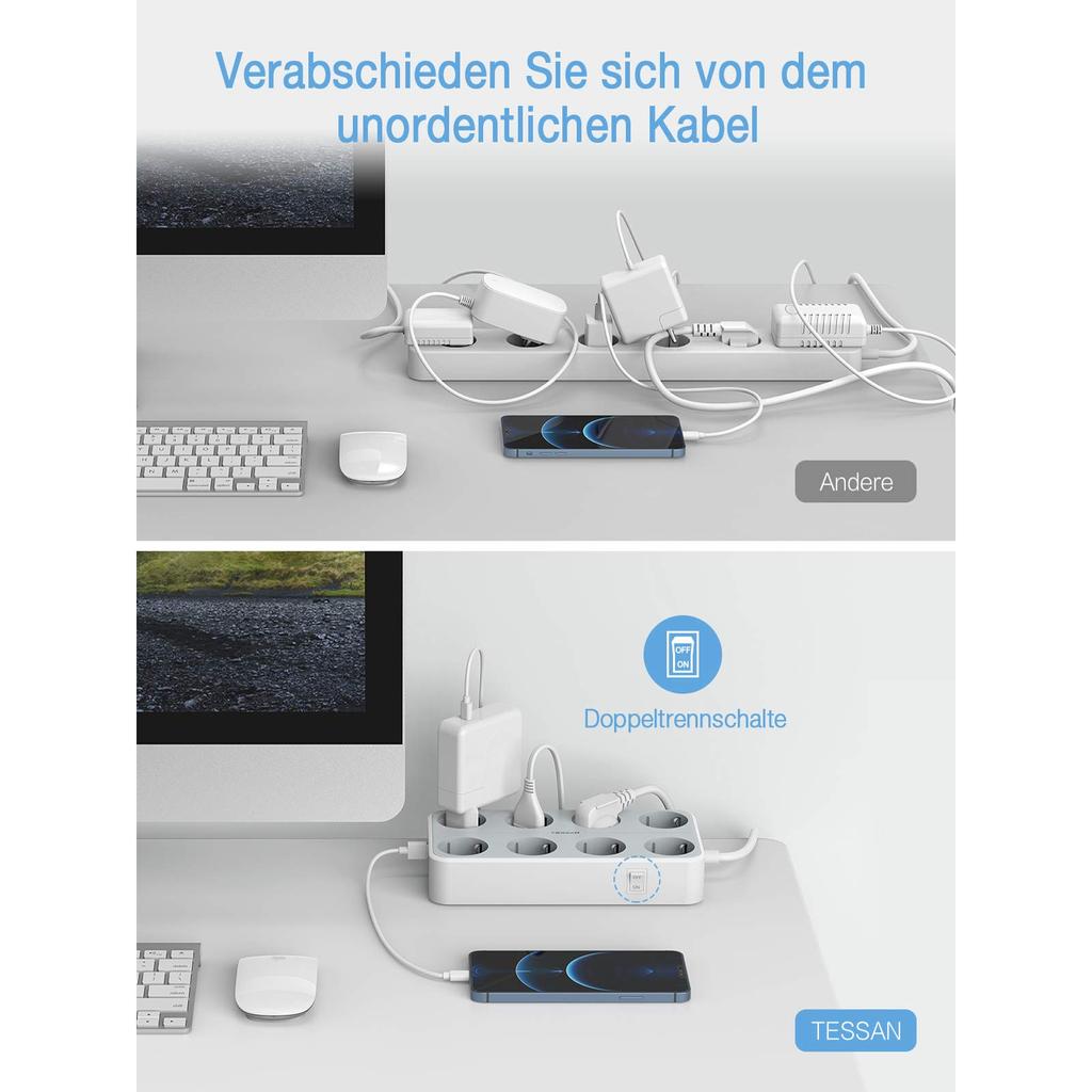 Tessan Удлинитель с несколькими розетками европейского стандарта и USB-портами, удлинительный кабель длиной 2 м, европейская многоконтактная электрическая розетка для дома