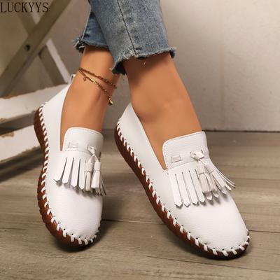 Модные лоферы с кисточками, подошва ручной работы, круглый носок, повседневные одинарные туфли, женские туфли на мягкой подошве, однотонные, на одной педали, большого размера