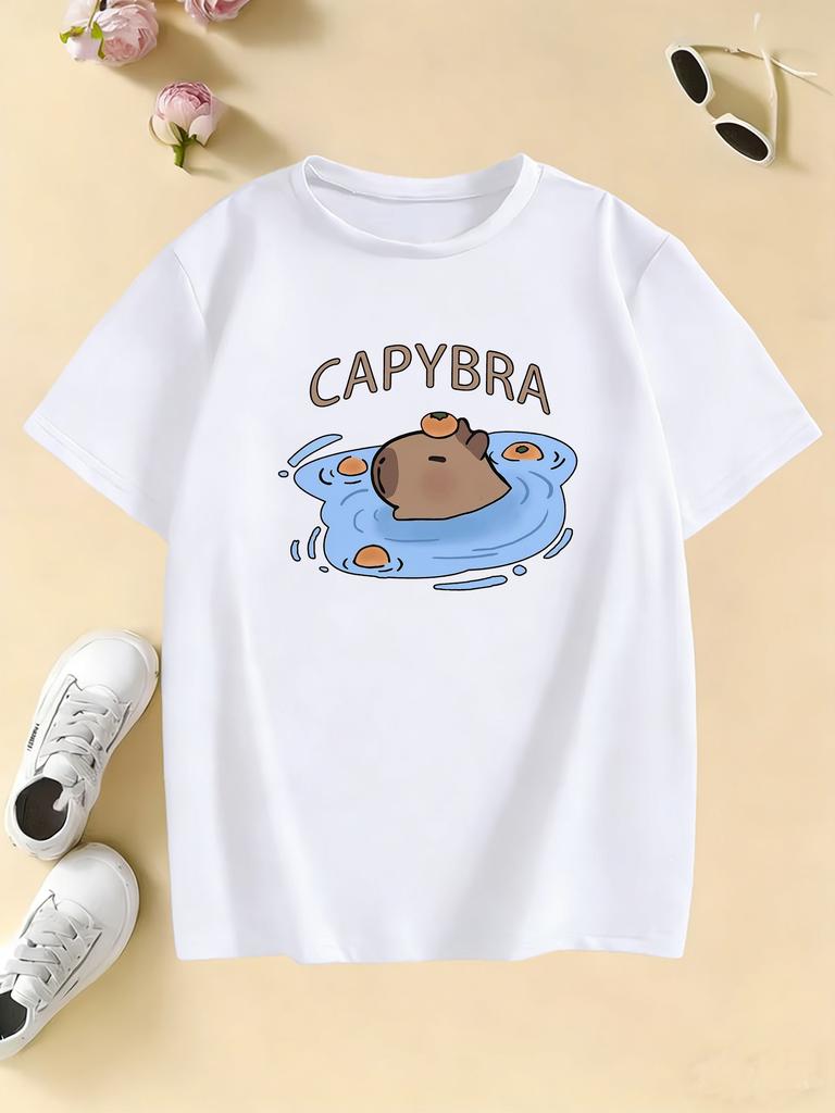 Childrens Swim Capybara Print Design T Shirts Short Sleeve Tees Cartoon Kids Childrens Tshirt Boys Girls Summer Spring