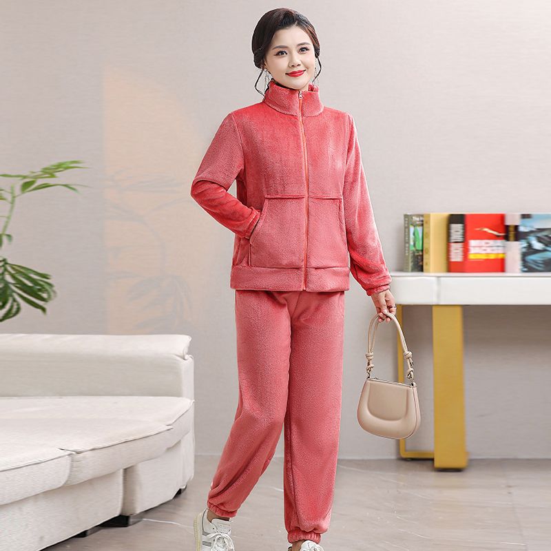 Winter Mother Autumn and Winter Plus Velvet Casual Fashion Suit Thickened New Middle-aged and Elderly Two-piece Outer Wear Women