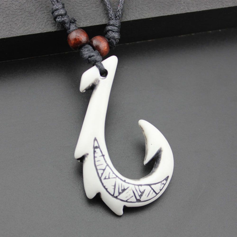 Black Cotton Cord Beaded Maori White Tribal Fish Hook Handmade DIY Jewelry Pendant Necklace