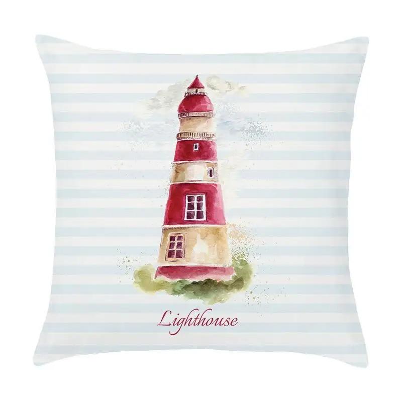 Cartoon Nautical Series Hot Air Balloon Lighthouse Print Pillow Cover Home Room Office Seat Living Room Sofa Cushion Cover