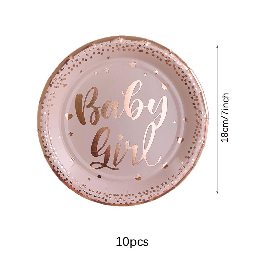 Baby Girl Disposable Tableware Pink Striped Rose Gold Paper Plates Cups Napkins for Baby Shower Birthday Party Decorations
