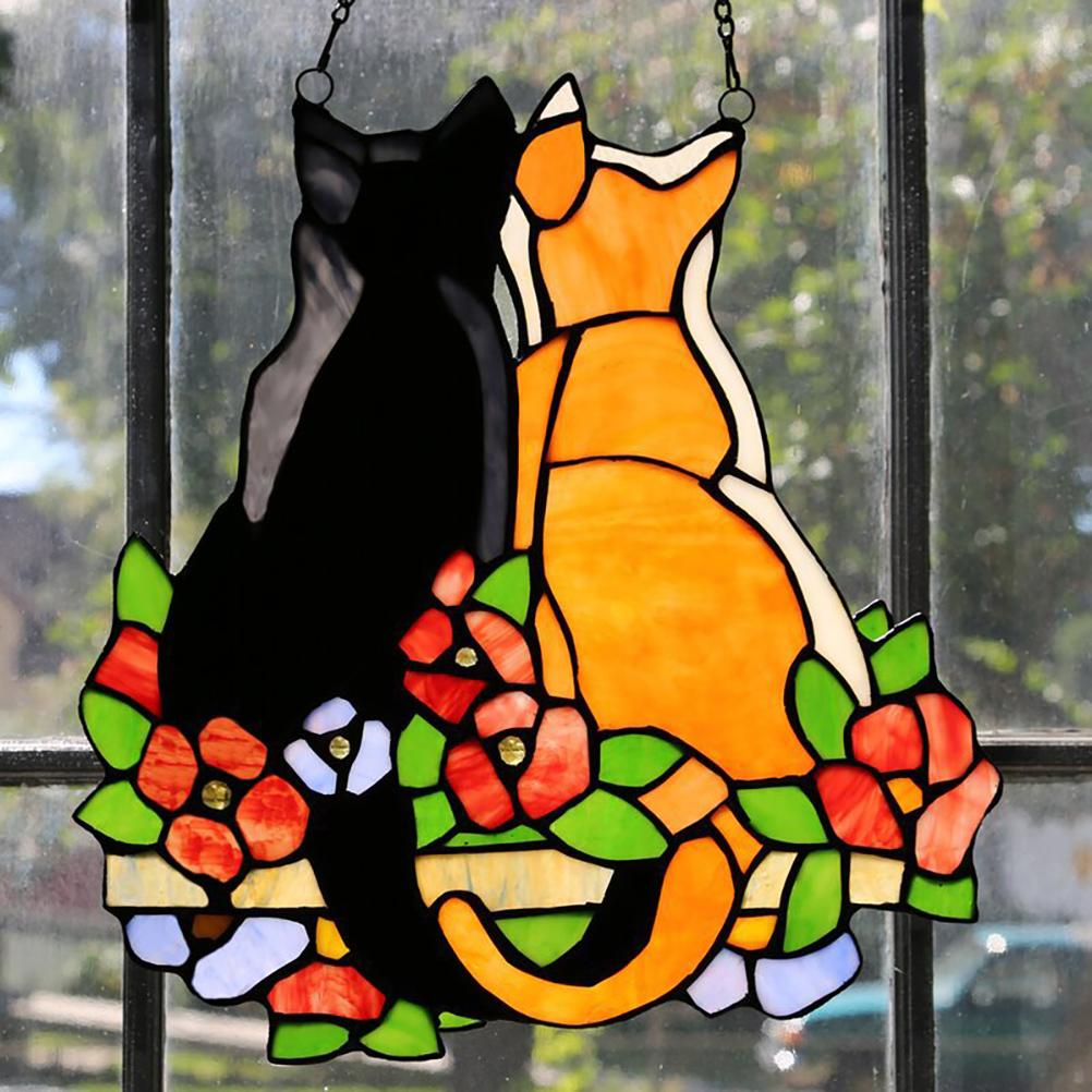 Stained Glass Cats Window Panel Stained Suncatcher Hanging Ornaments Home Decoration