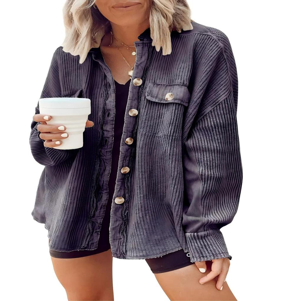 Elegant Solid Color Ribbed Tops Lady Jackets Autumn Winter Fashion Breasted Button Women Coats Casual Loose Long Sleeve Outwears