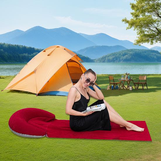 Beach Mat with Inflatable Pillow Portable Lightweight Outdoor Beach Lounger Sunbathing Relaxing Beach Blanket with Flocking Headrest
