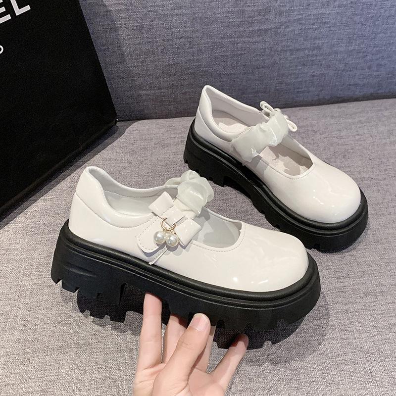 French Mary Jane One-pedal Women's Shoes Popular Temperament Shoes Heightened Jk Shoes Round Head with Mary Jane Small Leather Shoes