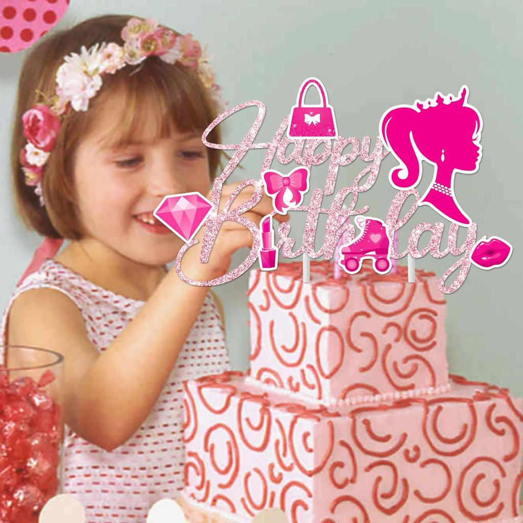 Hot Pink Princess Happy Birthday Cake Topper Pink Birthday Party Decoration for Girls Women Birthday Bridal Shower Bachelorette