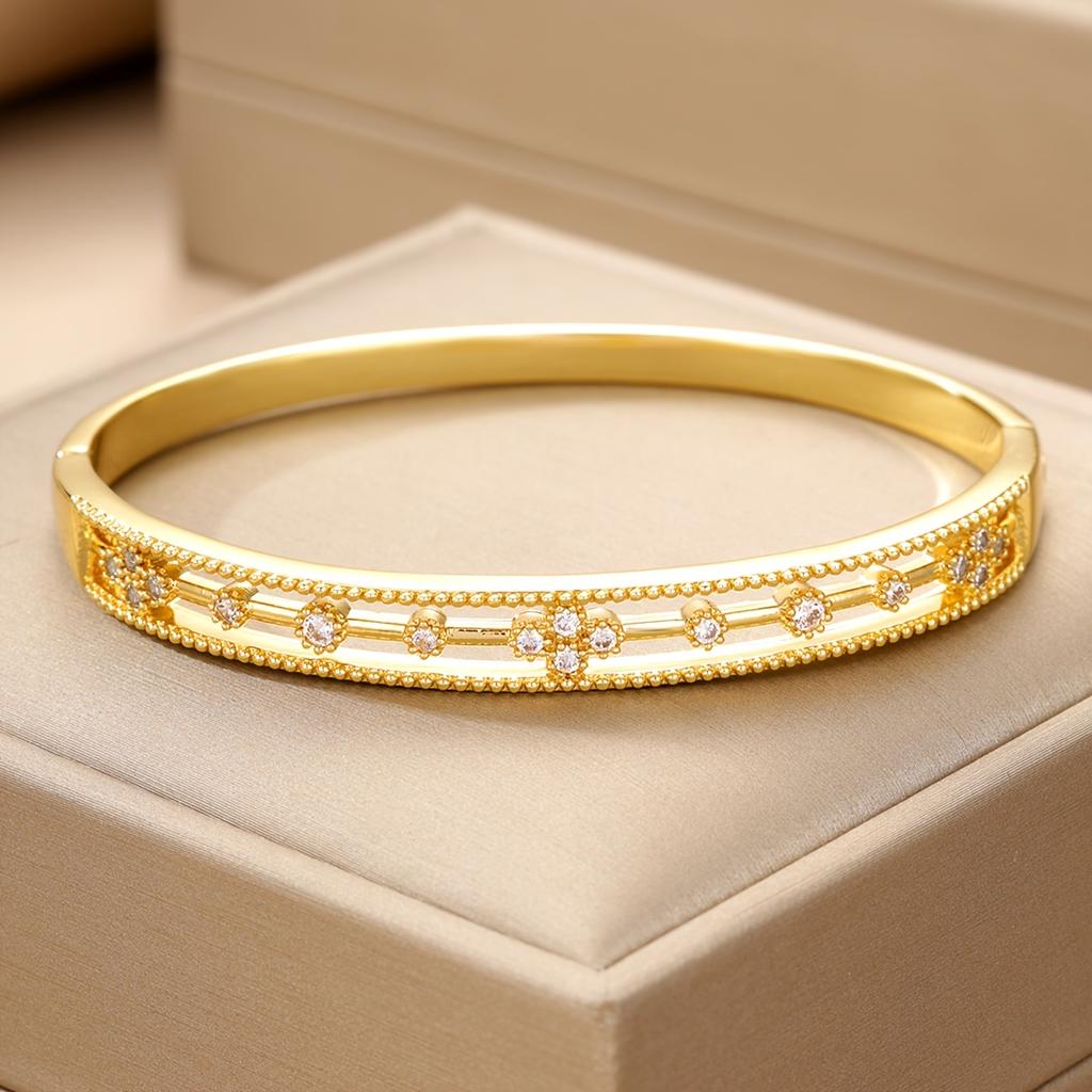 Luxurious hollow lace floral design inlaid with synthetic zirconium, copper open bangle with delicate beaded edges and carved patterns, a delicate