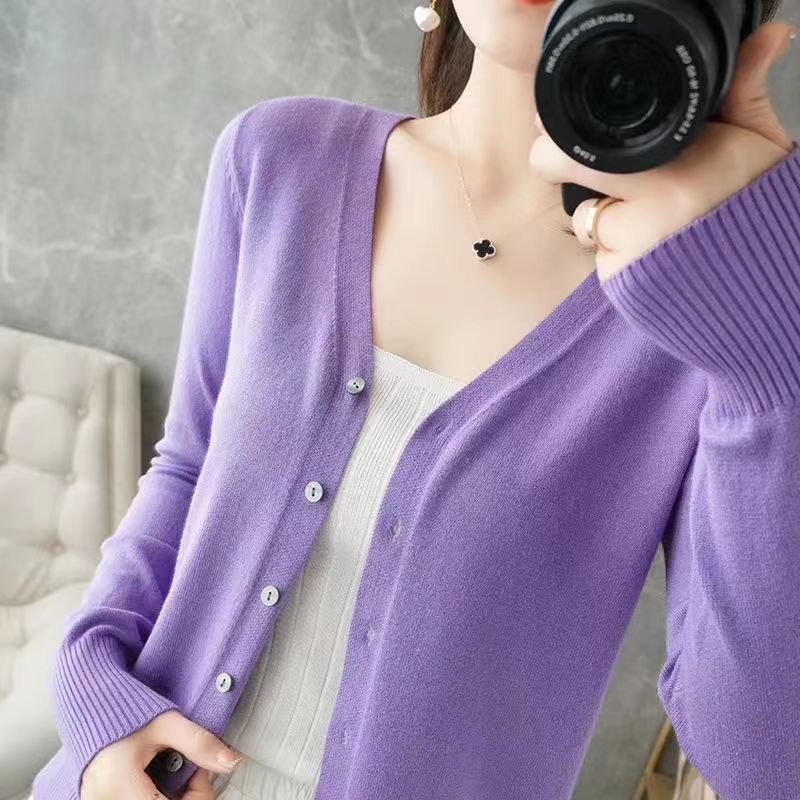 Women's V-Neck Knitted Cardigan Loose Slim Plus Size Sweater All-match Jacket Solid Color Basic Small Cardigans for Spring Autumn